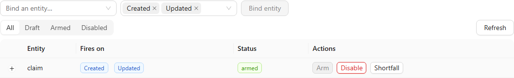 Automation workflow trigger showing the claim record bound to Created and Updated events with armed status.