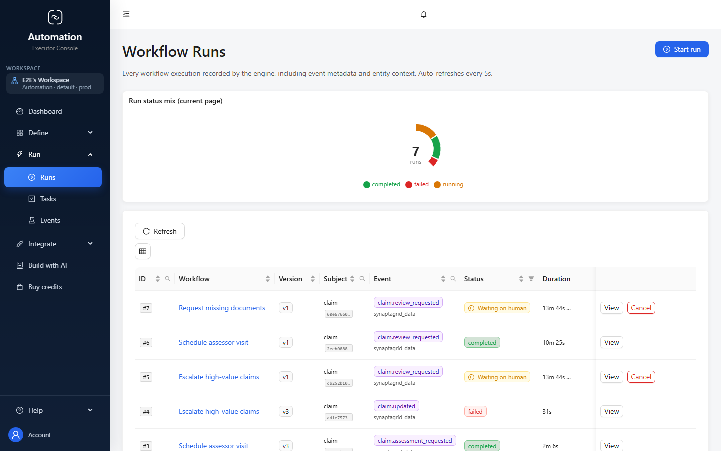 The Automation workflow runs screen, with columns for workflow, version, subject, event, status, duration and start time.