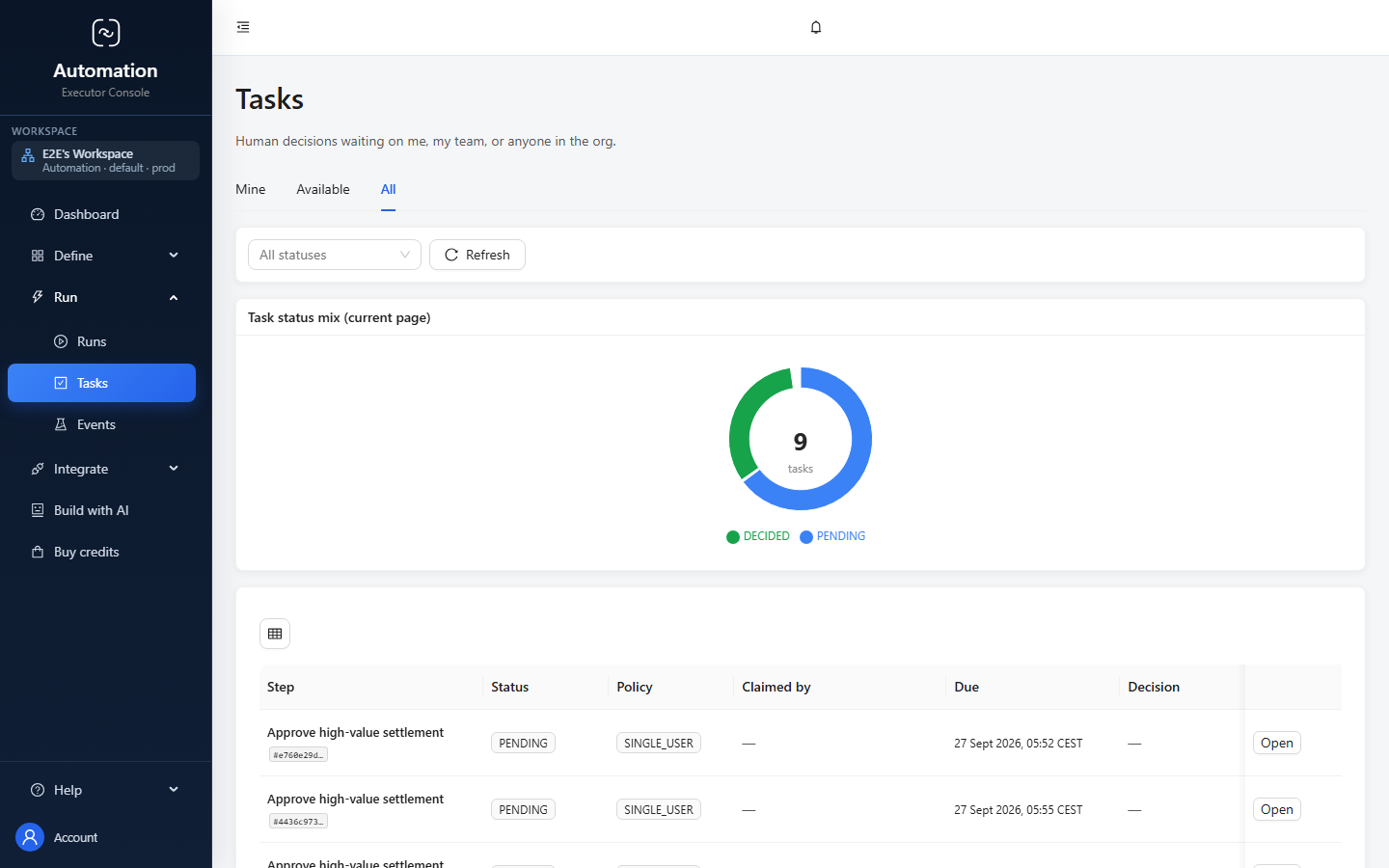 The Automation tasks screen, with Mine, Available and All queues plus status, assignment, due date, decision and regulated-work columns.