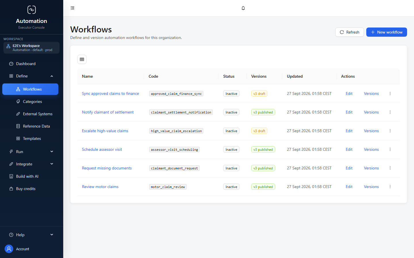 The Automation workflows screen, with workflow name, code, status, version, updated date and action columns plus a control to create a new workflow.