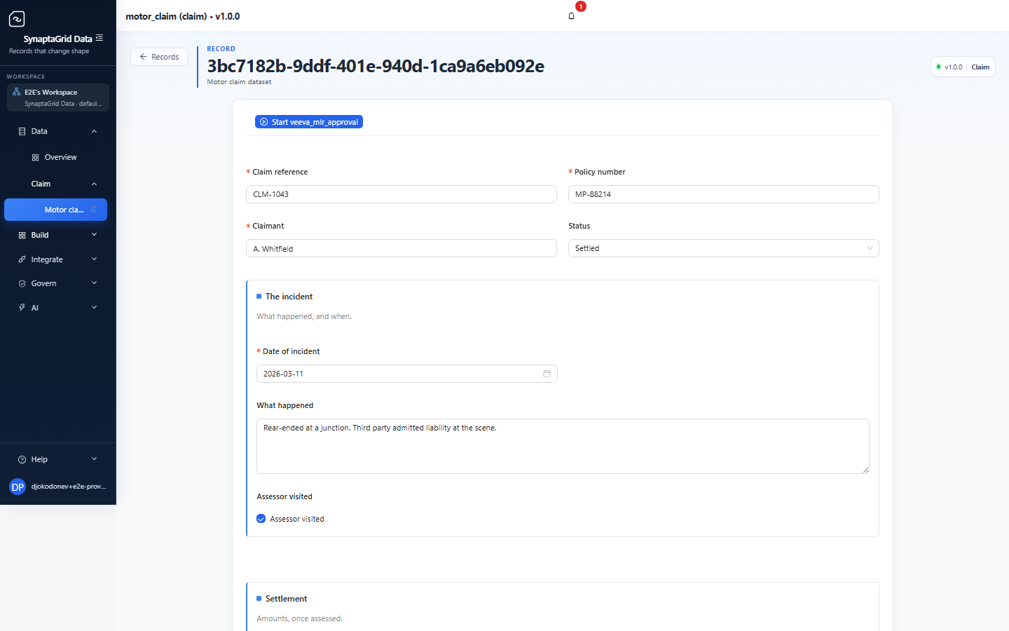 The edit form for claim CLM-1043: claim reference, policy number, claimant and status at the top, then a nested 'The incident' section with date of incident, what happened and assessor visited — every field typed and laid out from the schema.