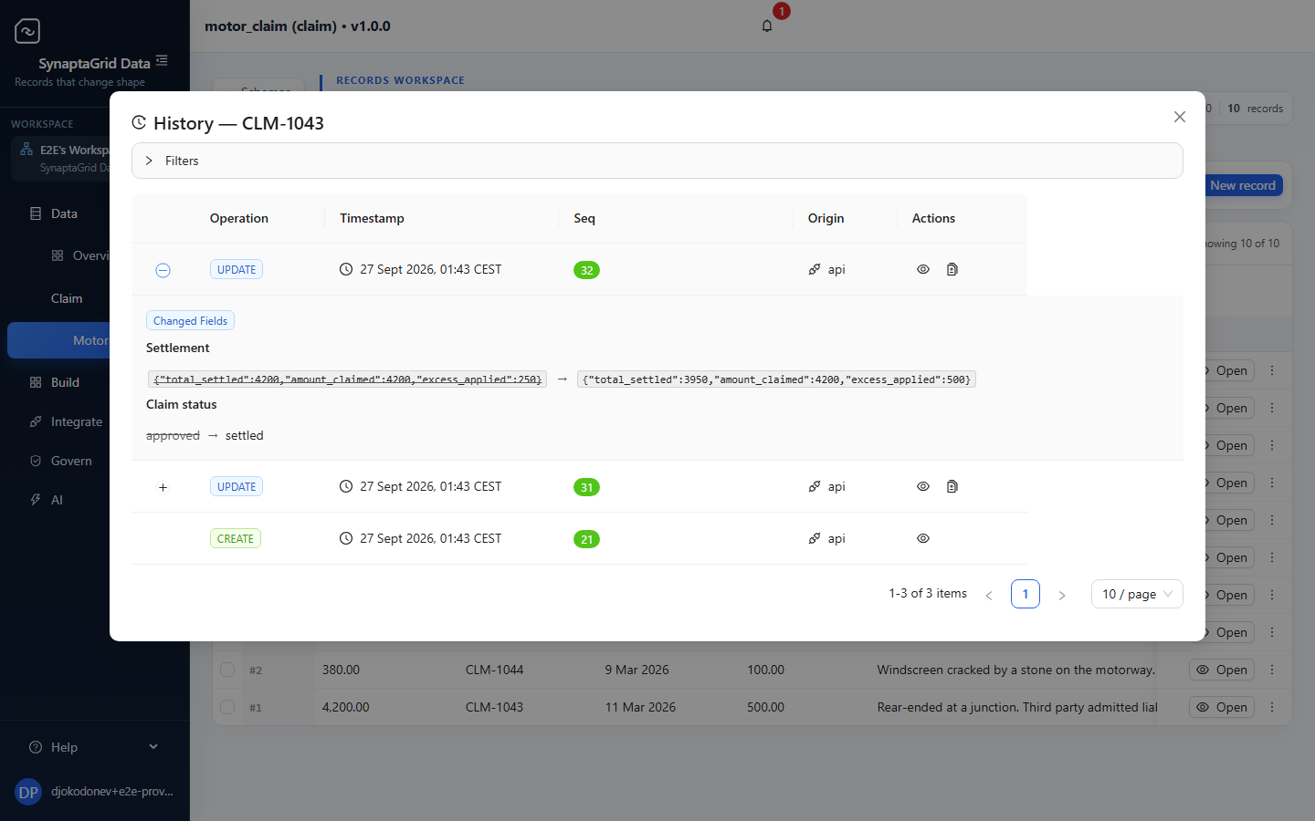 The history for claim CLM-1043, listing when and where each change originated, one entry expanded to show the fields that changed with their before and after values.