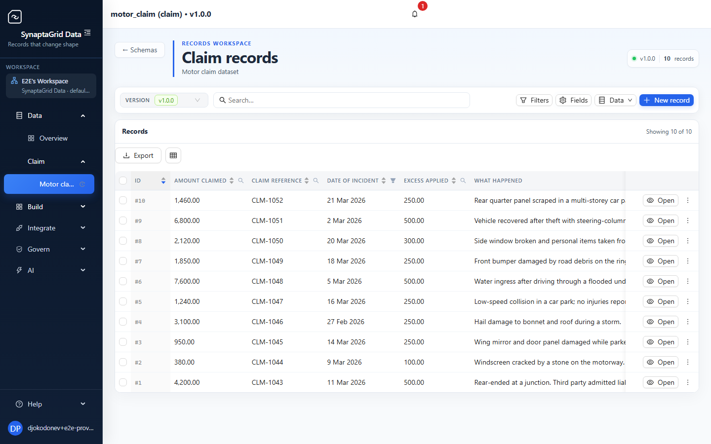 The Data records screen, showing ten motor claim records with claim references, incident dates, claimants, settlement values and statuses.