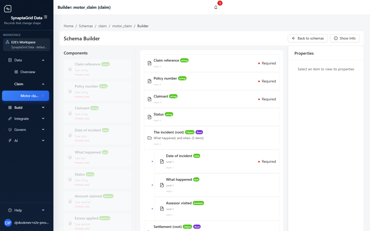 The schema builder showing a Motor claim: top-level fields for claim reference, policy number and status, then a nested "The incident" section containing date, description and assessor fields. A properties panel on the right shows the selected field.