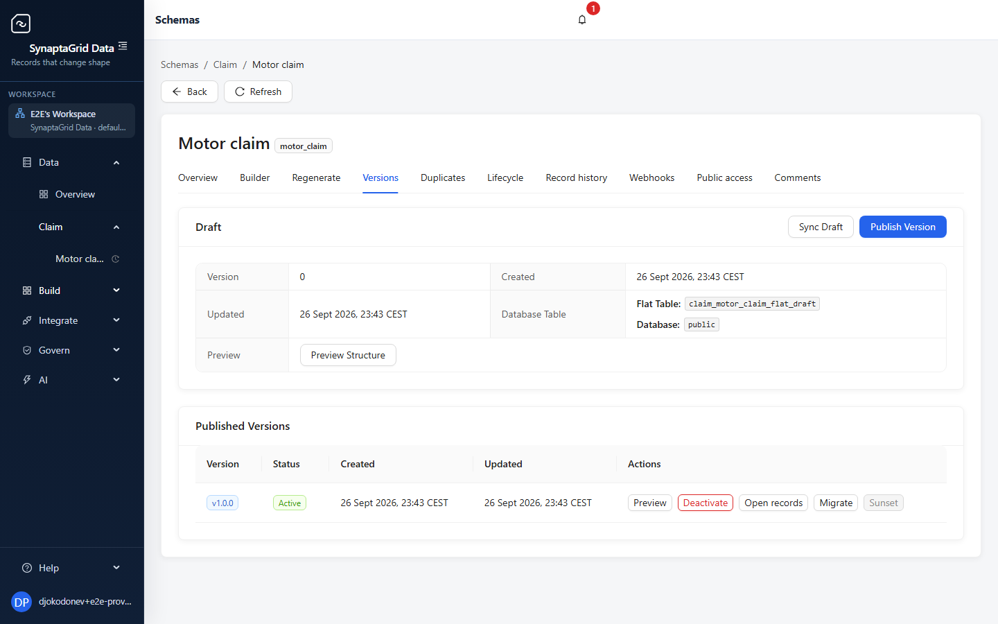 The versions screen for a schema, listing published versions alongside the working draft.