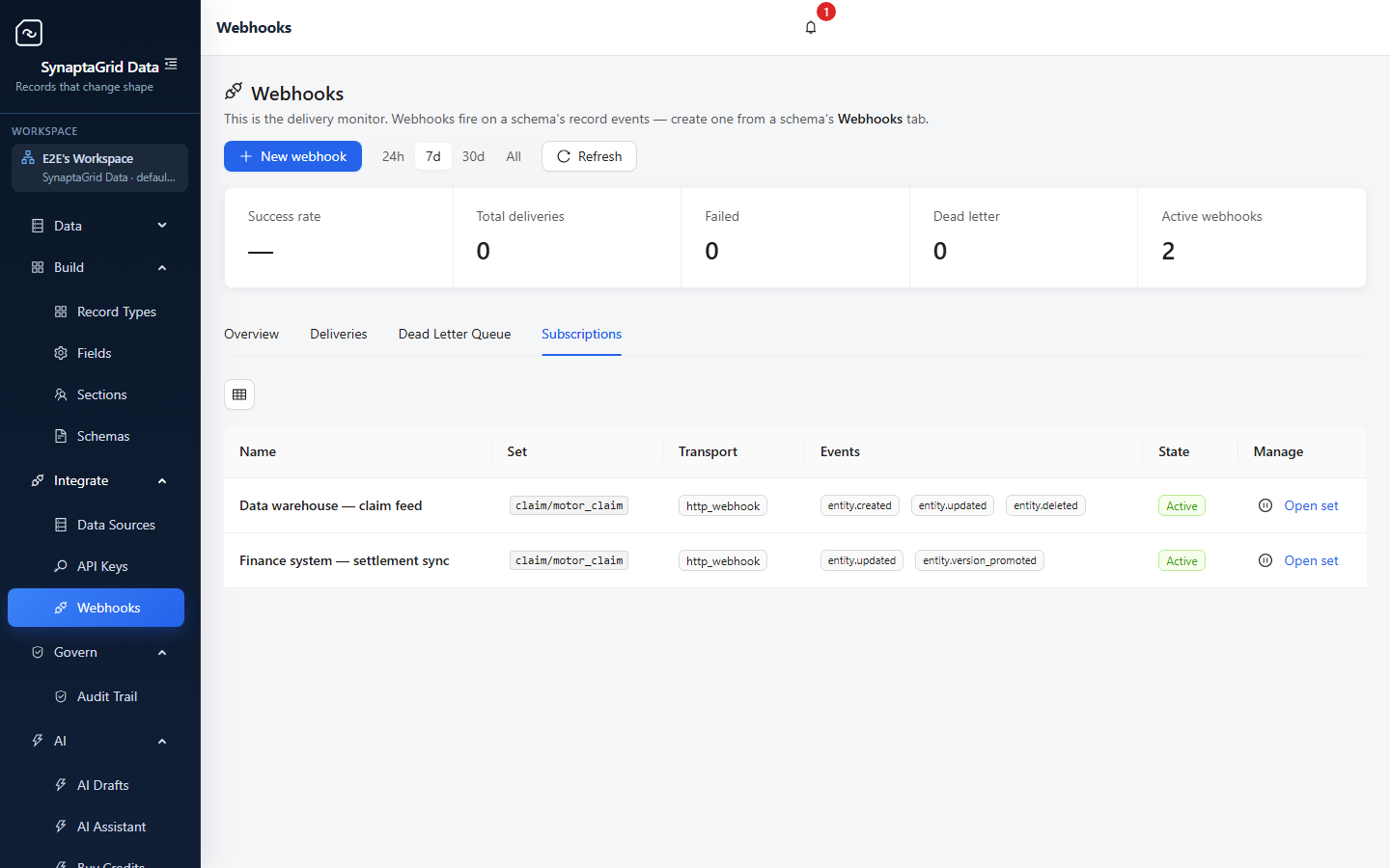 The webhooks screen, listing subscriptions and their delivery state.